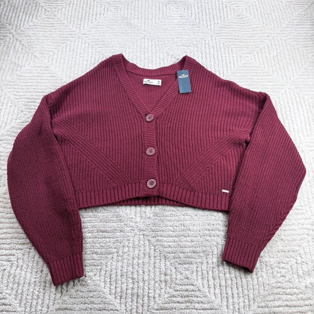 Hollister Cropped Cardigan Women's Medium Burgundy Preppy Academic Minimalist